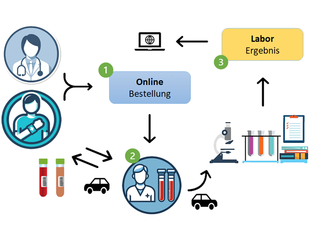 Process: the doctor or patient orders online (1), the professional travels to take the blood sample (2), the sample goes to the laboratory (3), the result comes back online