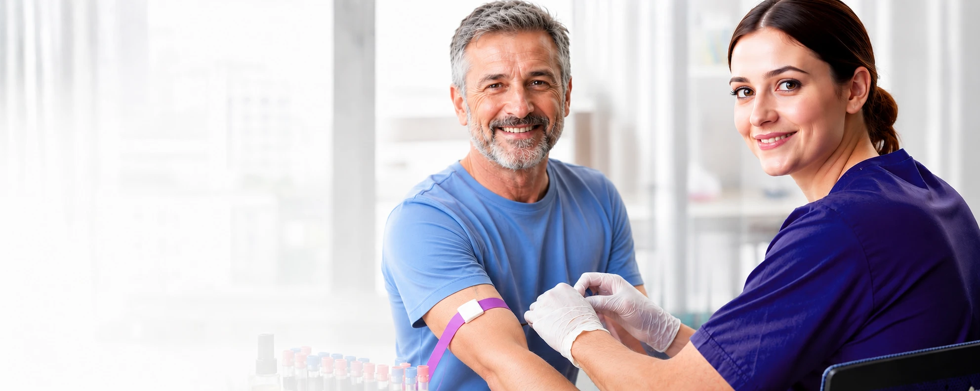AI-generated image: a phlebotomist applies a tourniquet to a smiling patient